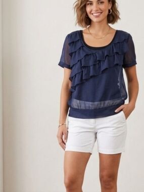 Pins And Needles Dark Blue Semi-sheer Ruffle Blouse Size Small Buttons At Back